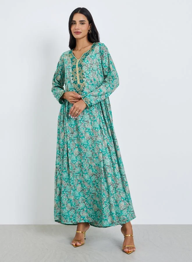 Amirah Women Blue Printed Embroidered Jalabiya with Scarf